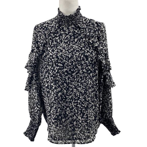 Calvin Klein Small Floral Mock Neck Ruffle Sleeve Blouse Black White - Picture 1 of 12